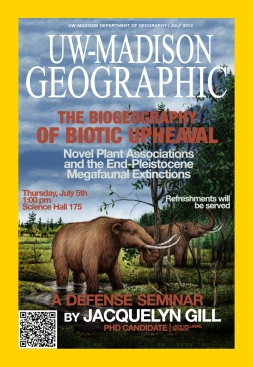 A poster designed as a mock cover of the magazine National Geographic, with information about my defense seminar. It has a picture of mastodons eating trees, and the text: The Biogeography of Biotic Upheaval: Novel Plant Associations and the End-Pleistocene Megafaunal Extinctions