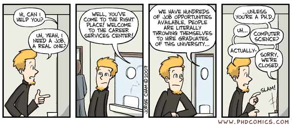 Sometimes, being post-PhD can feel like this. But it doesn't have to be that way!  Comic by PhD Comics