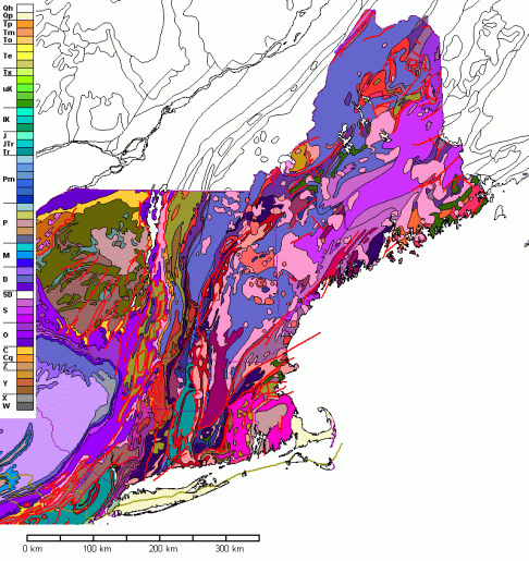 A geologic map of New England. Following a CNS approach, reserves would be designed to maximize geological diversity (or the number of colors on this trippy map).  Map by Steve Dutch at UW Green Bay.